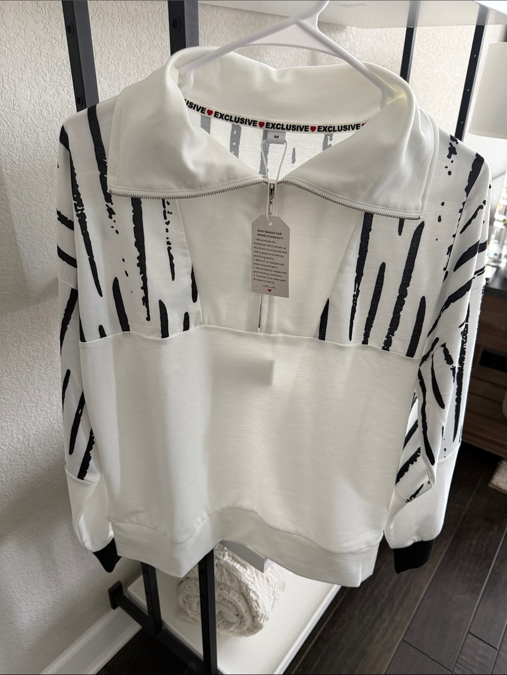 ExclusiveLMSM White Half-Zip Pullover with Black Brushstroke Print